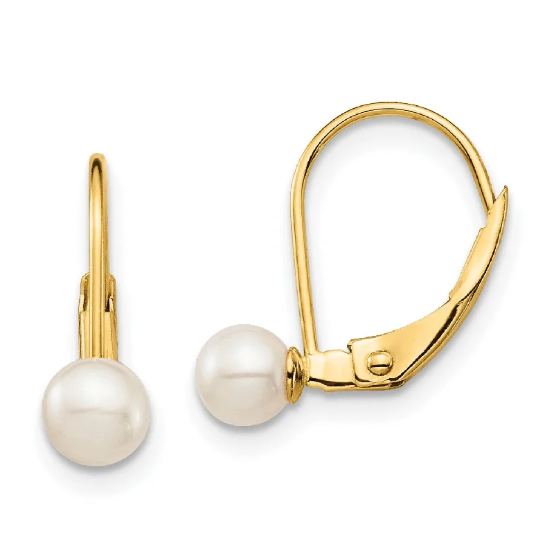 Modern Silver Earrings-14KT Yellow Gold 4MM Round Pearl Leverback Earrings