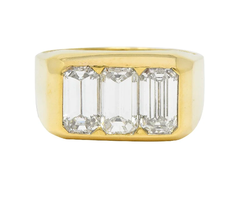 Solitaire Diamond Ring-3.48 CTW Flush Emerald Cut Diamond 18 Karat Yellow Gold Vintage Three Stone Unisex Ring