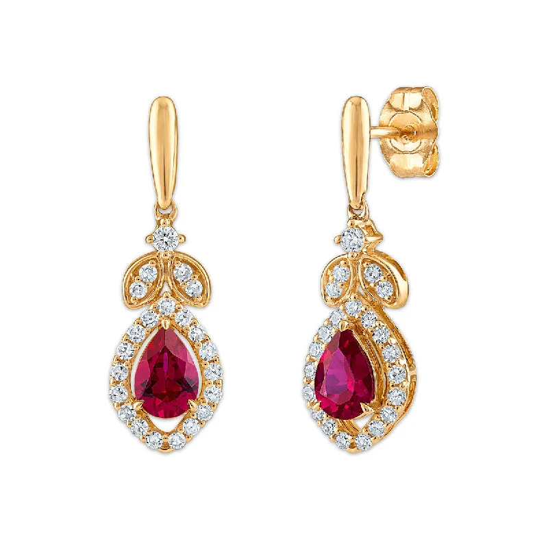 Butterfly Design Earrings-LoveSong EcoLove Pear Ruby and Lab Grown Diamond Drop & Dangle Earrings in 10KT Yellow Gold