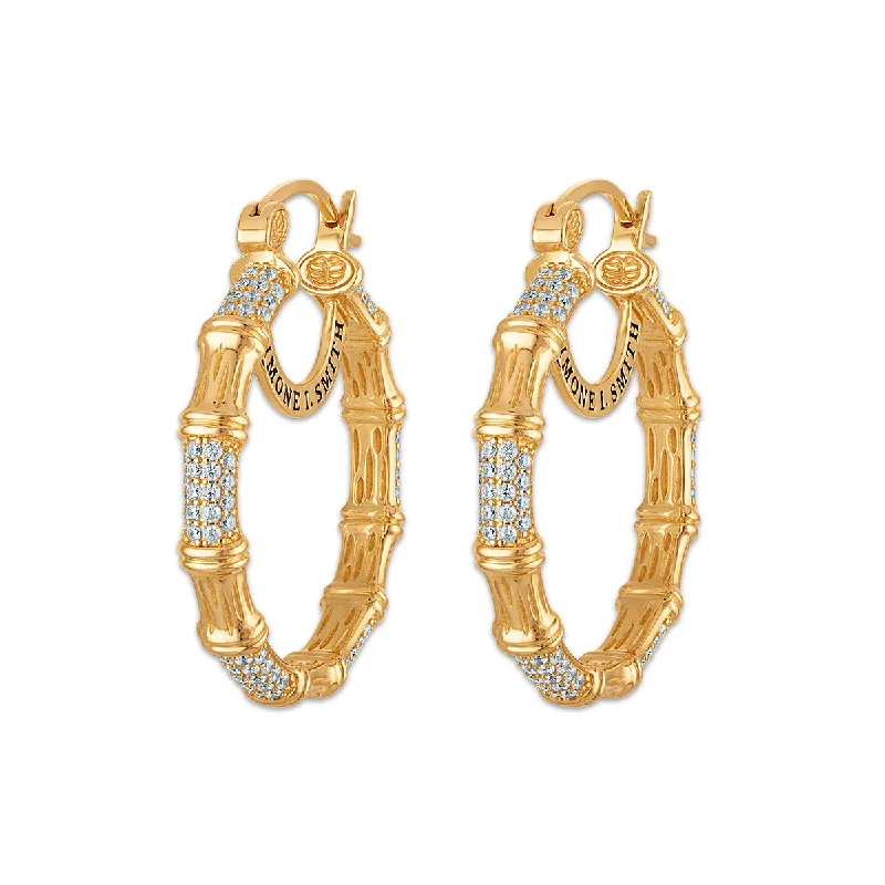 Simple Silver Earrings-Simone I Smith 40MM Crystal Bamboo Hoop in 18K Gold Plated Sterling Silver