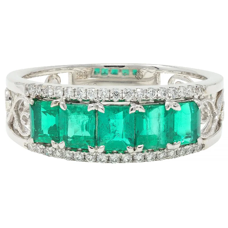 Simple Diamond Engagement Ring-Contemporary 1.47 CTW Emerald Diamond 18 Karat White Gold Heart Band Ring