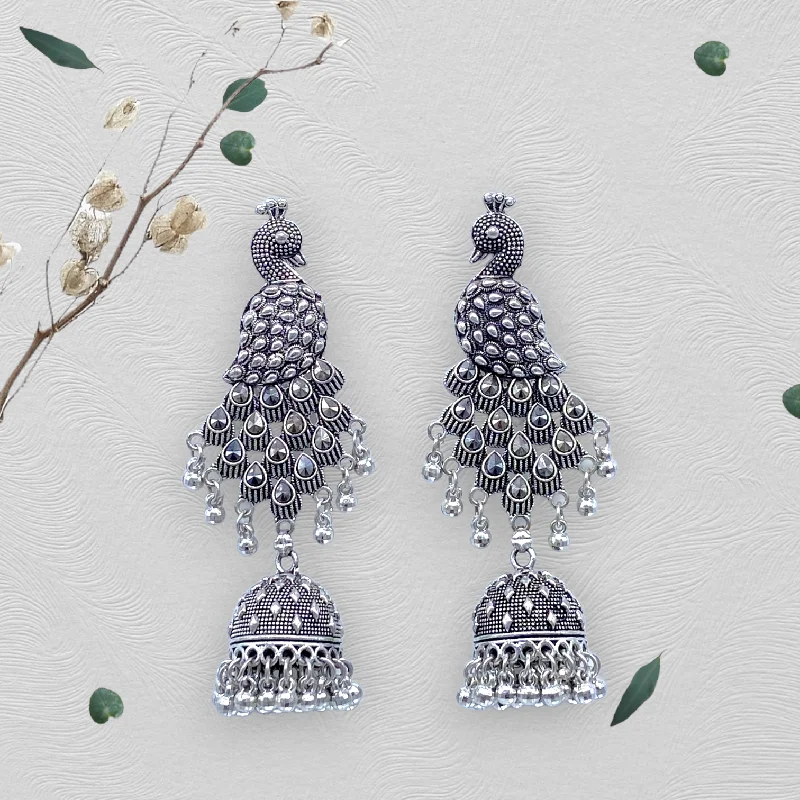 Cute Pearl Earrings-Peacock with  Feather Oxidised Earrings