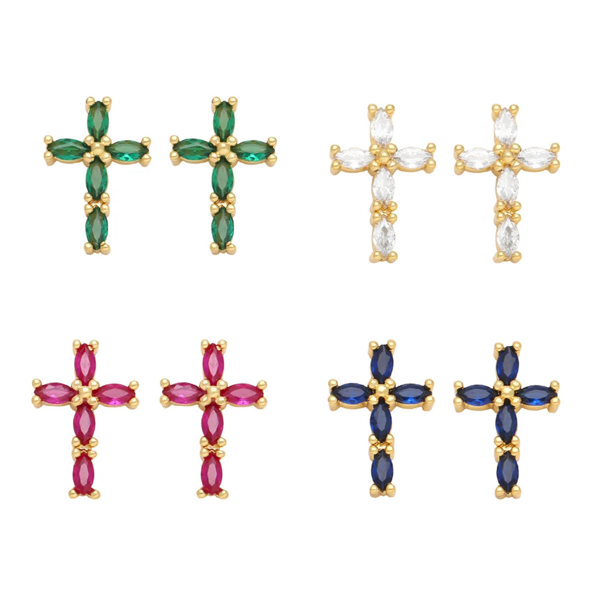 Modern Stud Earrings-1 Pair Retro Simple Style Cross Copper Plating Inlay Zircon 18k Gold Plated Ear Studs