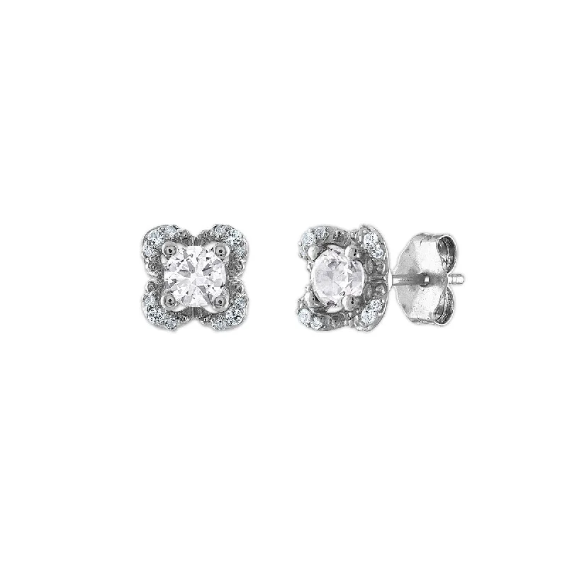 Tiny Huggie Earrings-4MM Round White Topaz and White Sapphire Birthstone Flower Halo Earrings in Sterling Silver