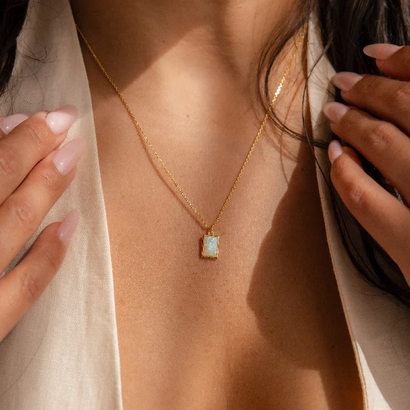 Rose Gold Necklace for Women-White Opal Rectangle Necklace