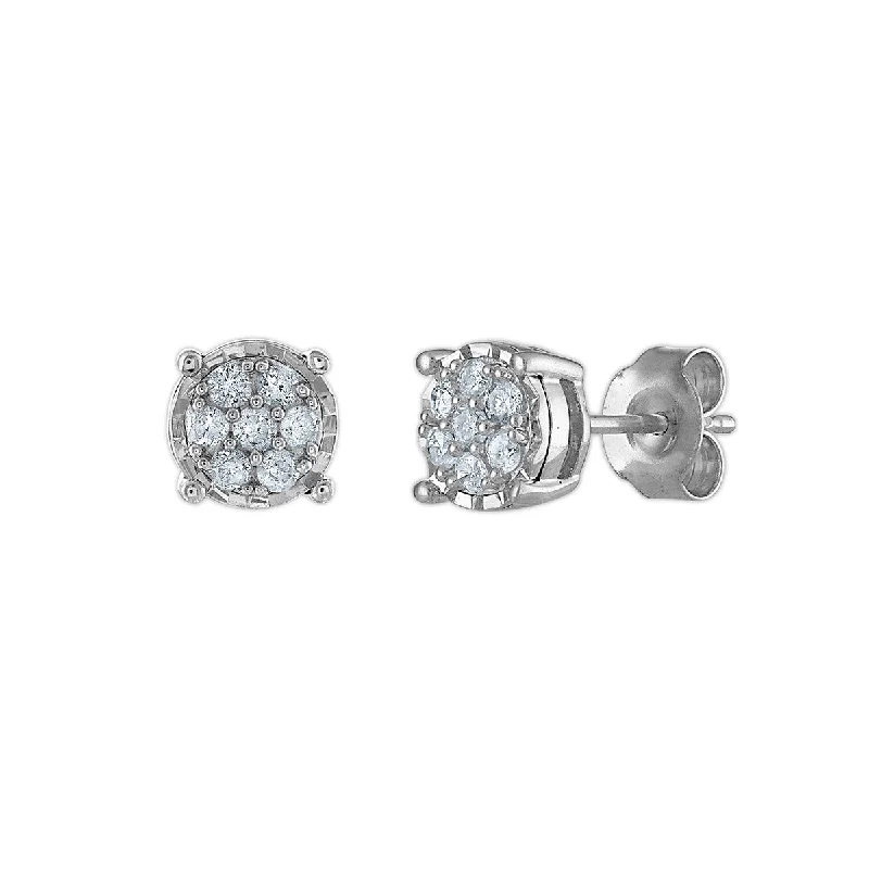 Heart Shaped Stud Earrings-1/4 CTW Diamond Cluster Stud Earrings in Rhodium Plated Sterling Silver