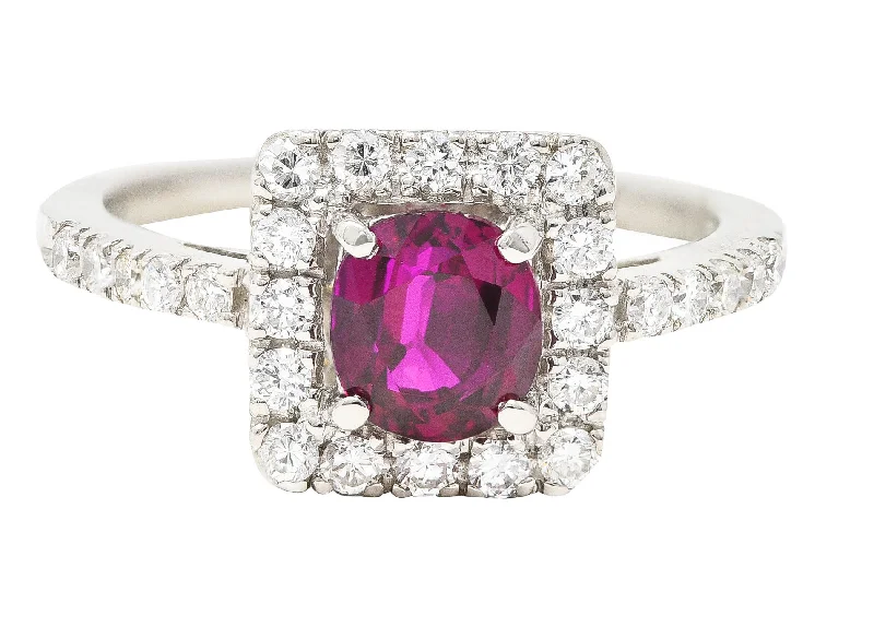 Stunning Platinum Engagement Ring-Contemporary 1.47 CTW Cushion Cut Ruby Diamond Platinum Square Halo Ring