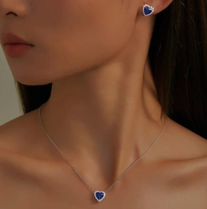 Trendy Earrings for Bridesmaids-Fancy Lab-Grown Sapphire Halo Heart Earrings