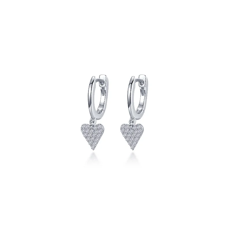 Sterling Silver Earrings for Women-Mini Dangling Heart Huggie Earrings