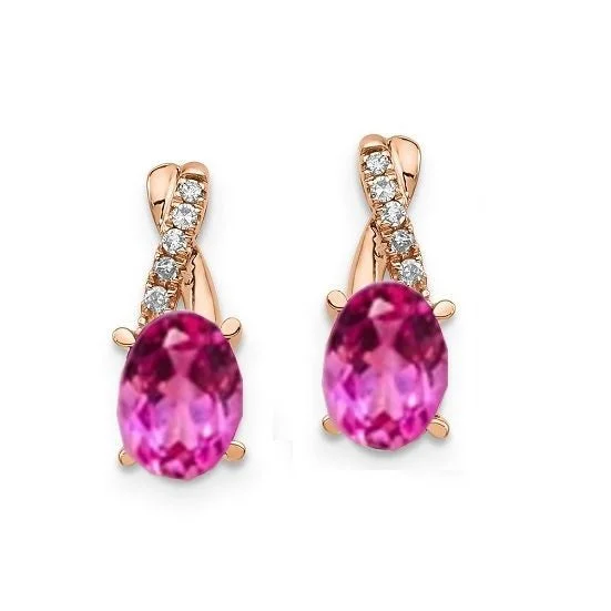 Unique Wedding Earrings-7X5MM Oval Pink Sapphire and Diamond Birthstone Earrings in 10KT Rose Gold