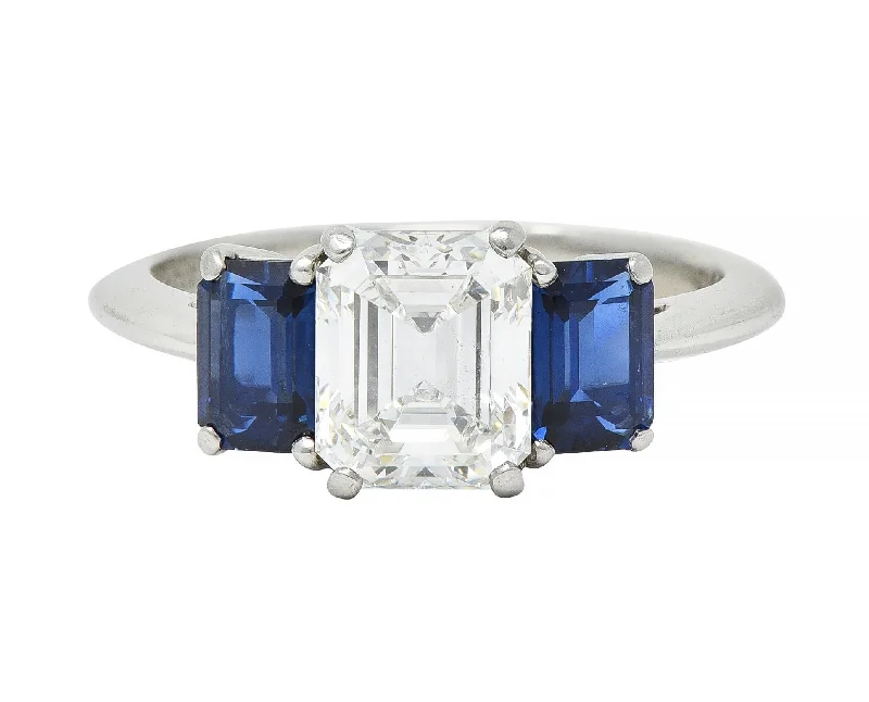 Custom Sterling Silver Ring-Tiffany & Co. 2.71 CTW Emerald Cut Diamond Sapphire Three Stone Platinum Ring GIA