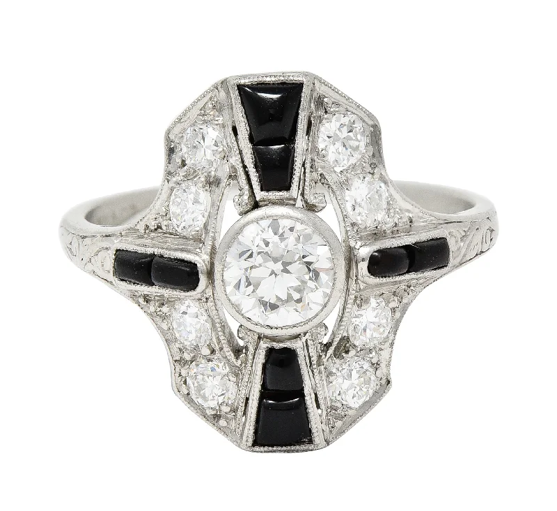 Beautiful Custom Ring-Tiffany & Co. Art Deco Old European Cut Diamond Onyx Platinum Shield Scroll Dinner Ring