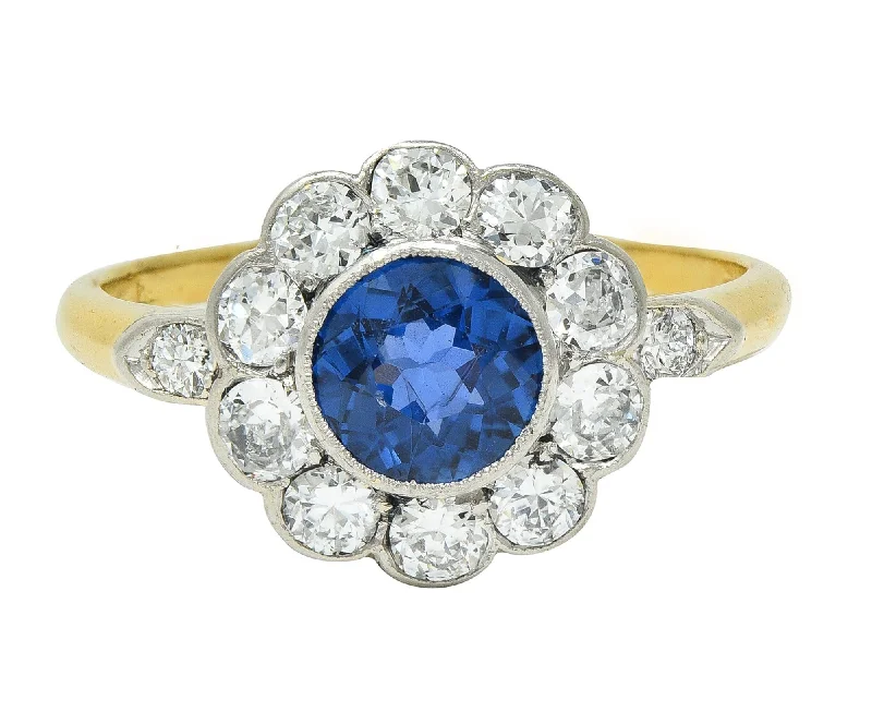 Classic Wedding Ring for Couples-Art Deco 1.86 CTW No Heat Burma Sapphire Diamond Platinum 14 Karat Gold Halo Ring