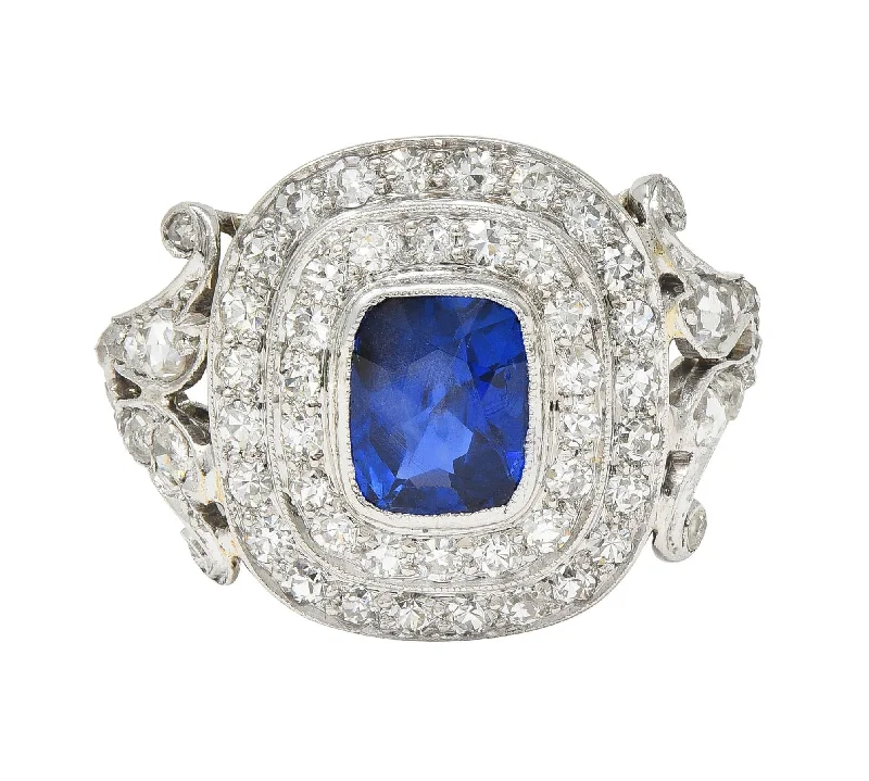 Stunning Engagement Ring-Art Deco 2.45 CTW No Heat Burma Sapphire Diamond Platinum Vintage Halo Ring GIA