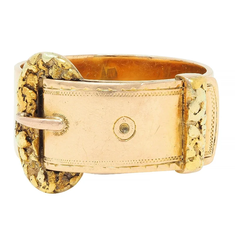 Classic Wedding Band with Diamonds-Antique 14 Karat Two-Tone Gold Nugget Buckle Belt Band Ring