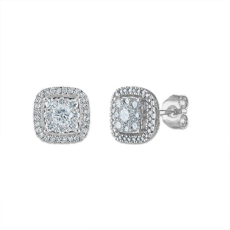 Cute Pearl Earrings-Signature 3/4 CTW Diamond Halo Stud Cushion Earrings in 14KT White Gold