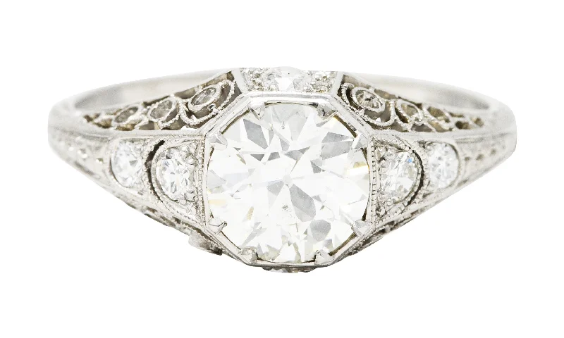 Vintage Silver Ring-Early Art Deco 1.92 CTW Diamond Platinum Scrolled Filigree Engagement Ring