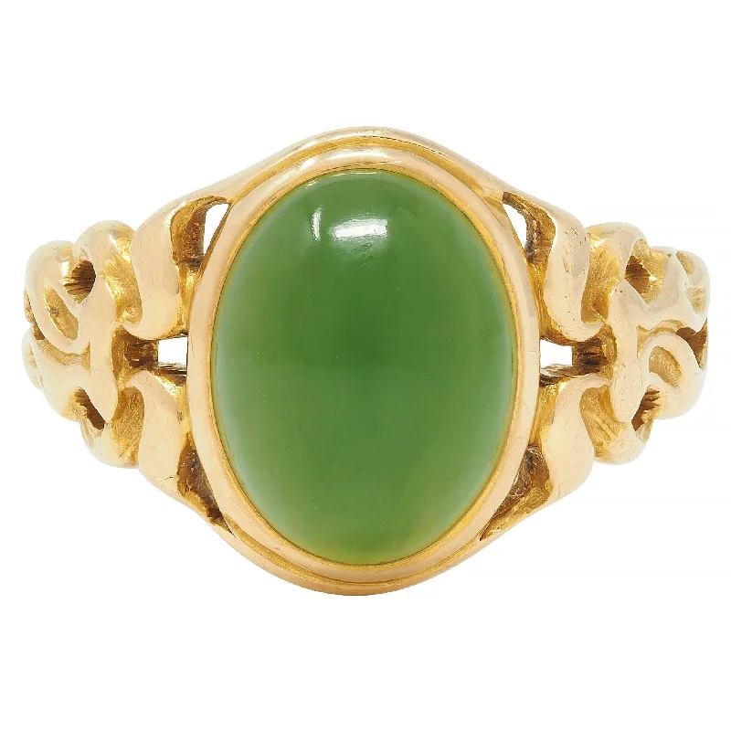 Handmade Wedding Ring-Art Nouveau Nephrite Jade 14 Karat Yellow Gold Antique Unisex Signet Ring