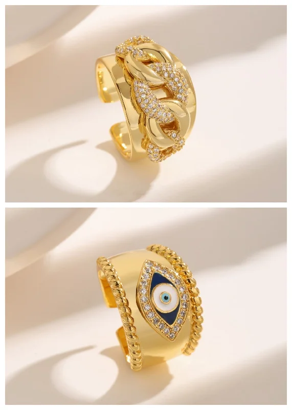 Gemstone Ring for Women-Hip-hop Exaggerated Luxurious Eye Copper Plating Inlay Zircon 18k Gold Plated Open Rings