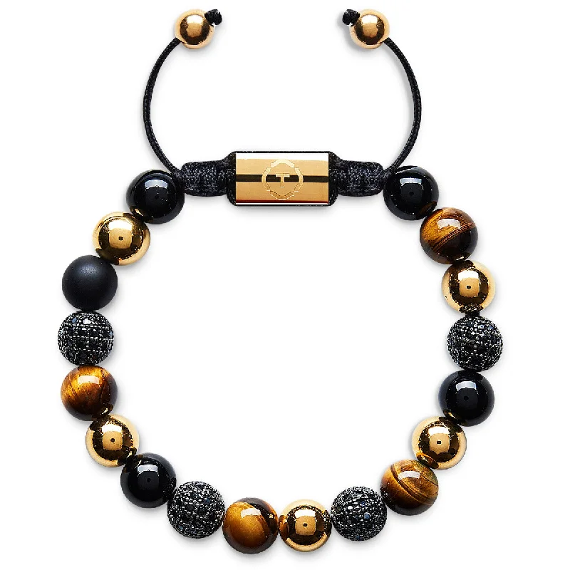 Custom Gold Bracelet for Weddings-Onyx, Brown Tiger Eye & GOLD Zirconias 