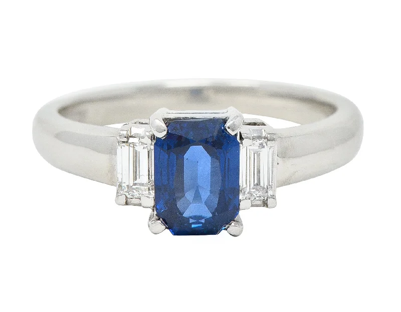 Classic Wedding Ring for Couples-Contemporary 2.01 CTW Cushion Cut Sapphire Diamond Platinum Three Stone Ring