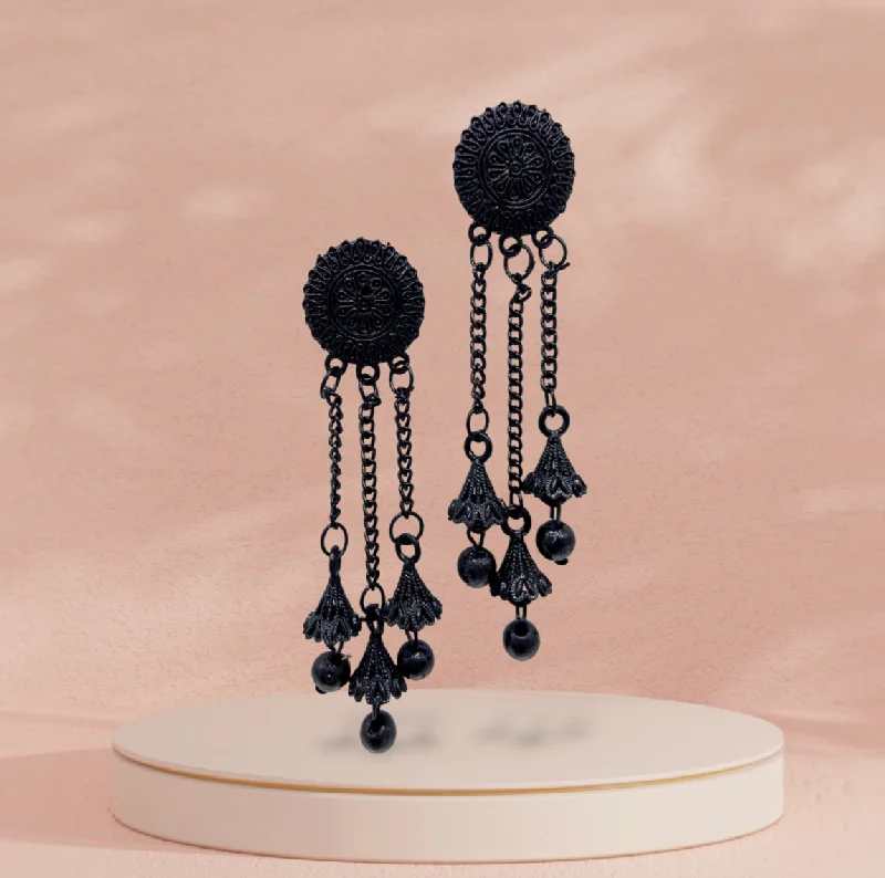 Trendy Drop Earrings-Circular Studded All Black Classy Dangling Earrings