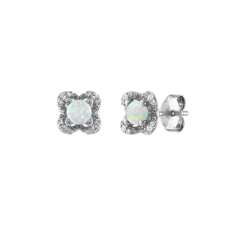 Colorful Stud Earrings-4MM Round Opal and White Sapphire Birthstone Flower Halo Earrings in Sterling Silver