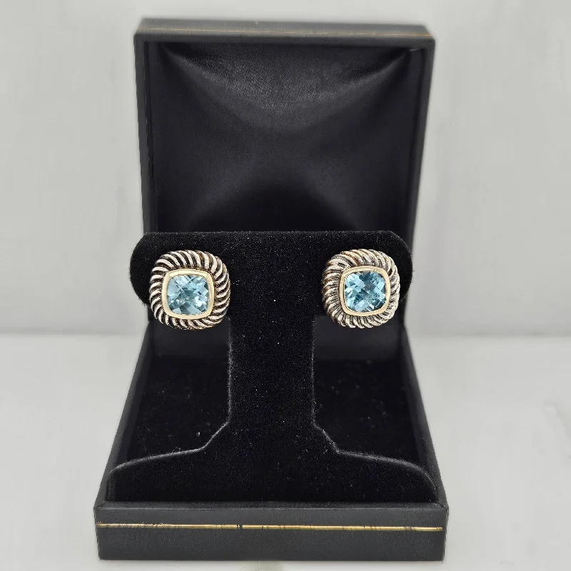 Chic Bridal Earrings-DAVID YURMAN Sterling Silver 14K Yellow Gold Blue Topaz 7mm Albion Earrings-Estate