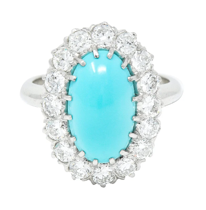 Classic Sapphire Wedding Band-Art Deco 1.12 CTW Turquoise Cabochon Transitional Cut Diamond Platinum Vintage Halo Ring