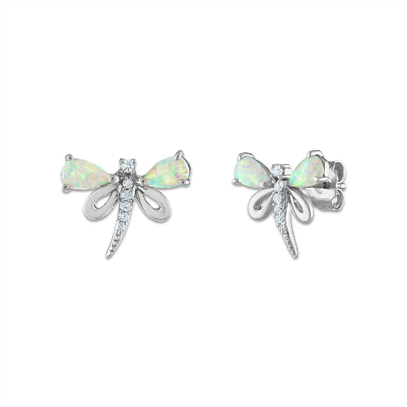 Artistic Earrings for Women-5X3MM Pear Opal and White Sapphire Stud Dragonfly Earrings in Sterling Silver