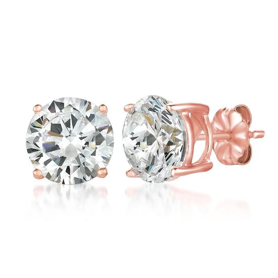 Handmade Gold Earrings-Crislu 18KT Rose Gold Plated Sterling Silver Round Cubic Zirconia Solitaire Stud Earrings