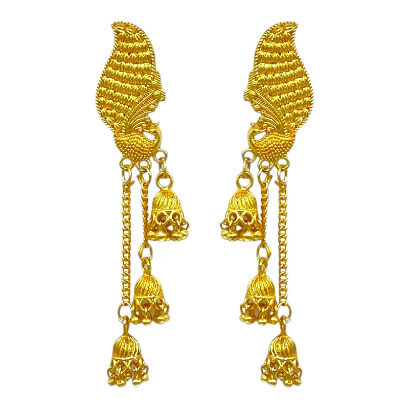 Luxury Drop Earrings for Weddings-Elegant Peacock Studded Gold Earrings with Dangling layerd chain