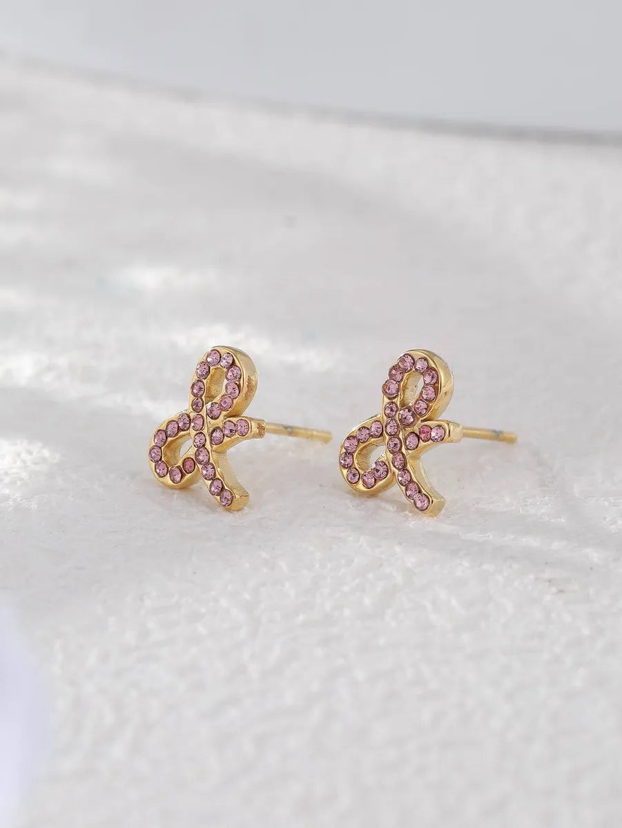 Simple Hoop Earrings-1 Pair Vintage Style Bow Knot Plating Inlay Stainless Steel Zircon 18k Gold Plated Ear Studs