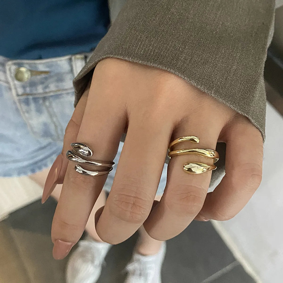 Unique Wedding Ring Set for Couples-Fashion Stacking Ring Female Simple Water Drop Silver Plated Copper Open Ring Female