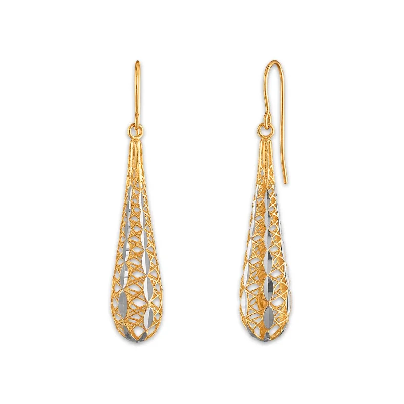 White Gold Earrings-14KT Yellow Gold With Rhodium Plating Teardrop Filigree Earrings