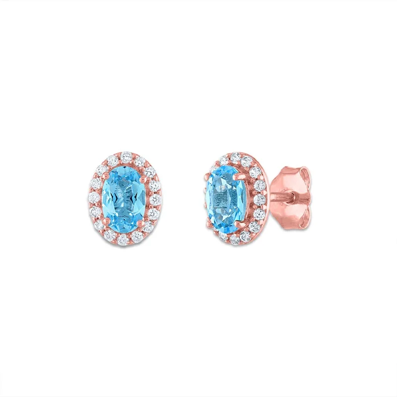 Black Diamond Earrings-6X4MM Oval Swiss Blue Topaz and Sapphire Birthstone Halo Stud Earrings in 10KT Rose Gold