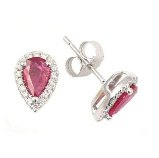 Elegant Gemstone Drop Earrings-5X3MM Pear Ruby and Diamond Halo Stud Earrings in 14KT White Gold