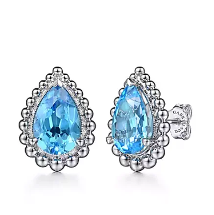 Affordable Gold Earrings-925 Sterling Silver Swiss Blue Topaz Bujukan Pear Shape Stud Earrings With Pattern