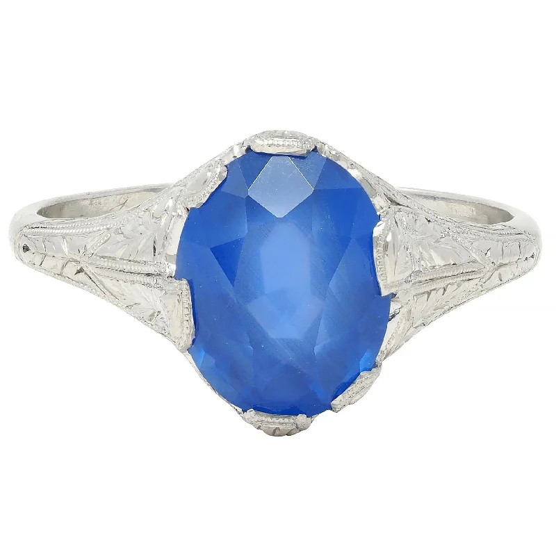 Custom Diamond Ring for Bride-Art Deco 4.43 CTW No Heat Ceylon Sapphire Platinum Foliate Vintage Ring GIA