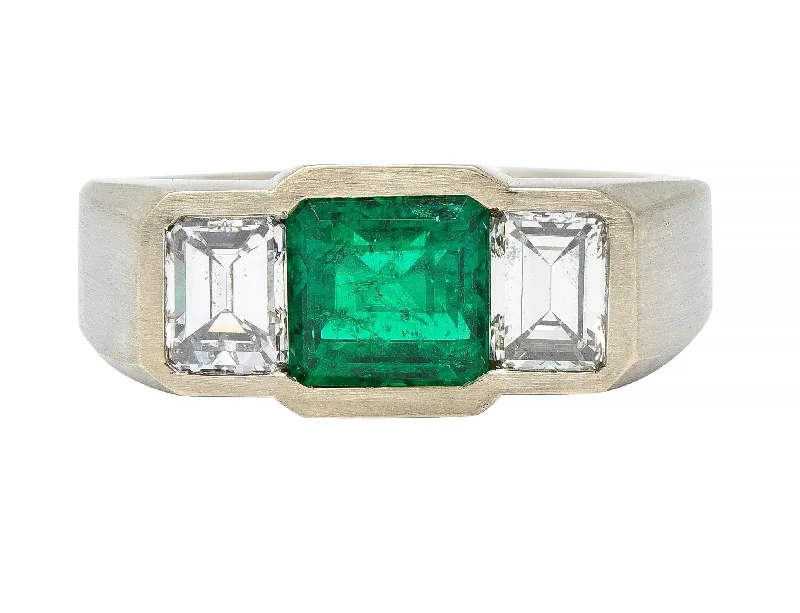 Custom Diamond Wedding Ring-3.79 CTW Colombian Emerald Diamond 14 Karat White Gold Three Stone Men's Unisex Ring AGL