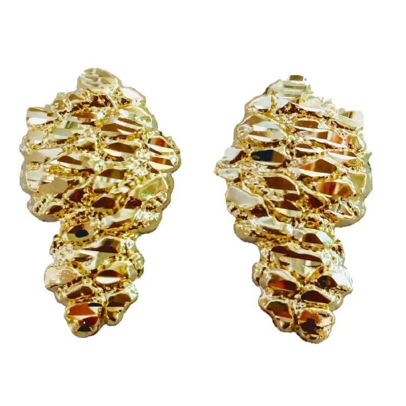 Luxury Wedding Earrings-10KT Yellow Gold 20X12MM Stud Nugget Earrings