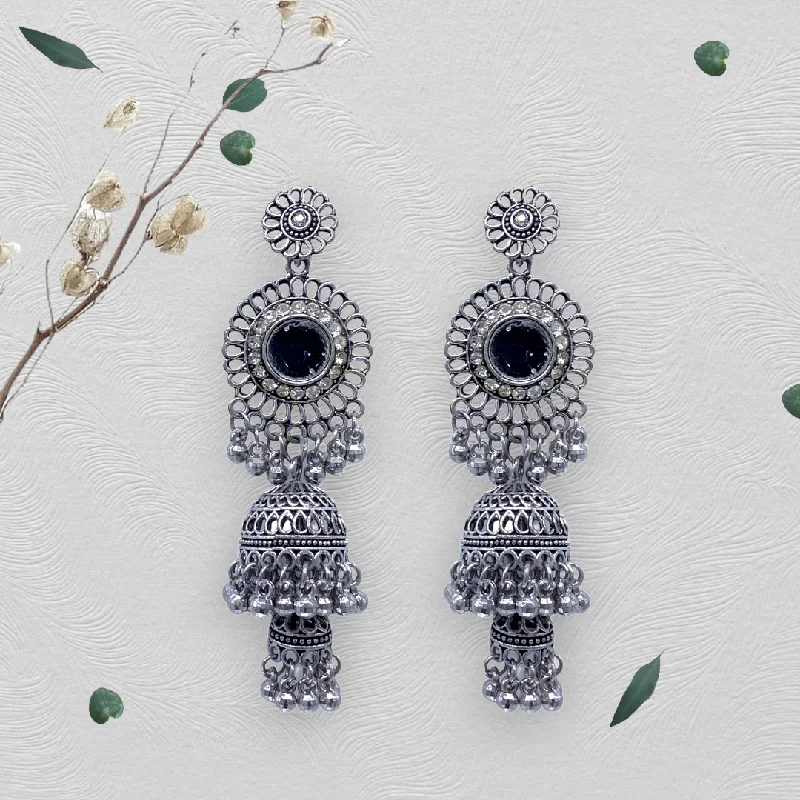 Black Diamond Earrings-Mirror Studed Dual Zumkhi Oxidised Earrings