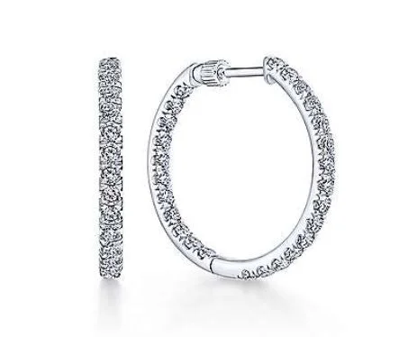 Gold Earrings for Teens-14K White Gold French Pavé 20mm Round Inside Out Diamond Hoop Earrings