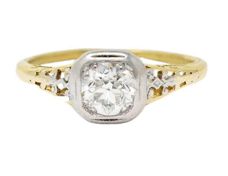 Luxury Gold Wedding Ring-Art Deco 0.36 CTW Platinum 18 Karat Yellow Gold Volute Vintage Engagement Ring