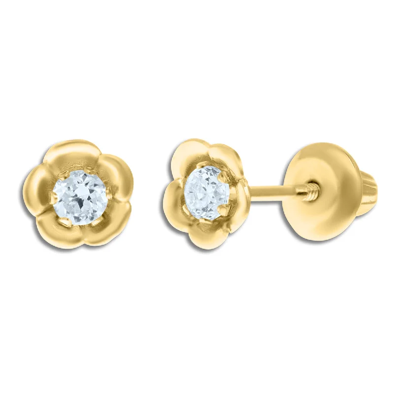 Geometric Drop Earrings-Kiddie Kraft 14KT Yellow Gold Round Cubic Zirconia Childrens Flower Stud Earrings