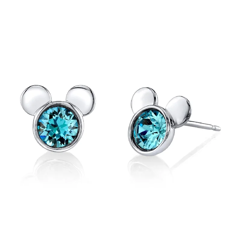 Silver Stud Earrings-Disney Sterling Silver Round Crystal Birthstone Mickey Mouse Stud Earrings