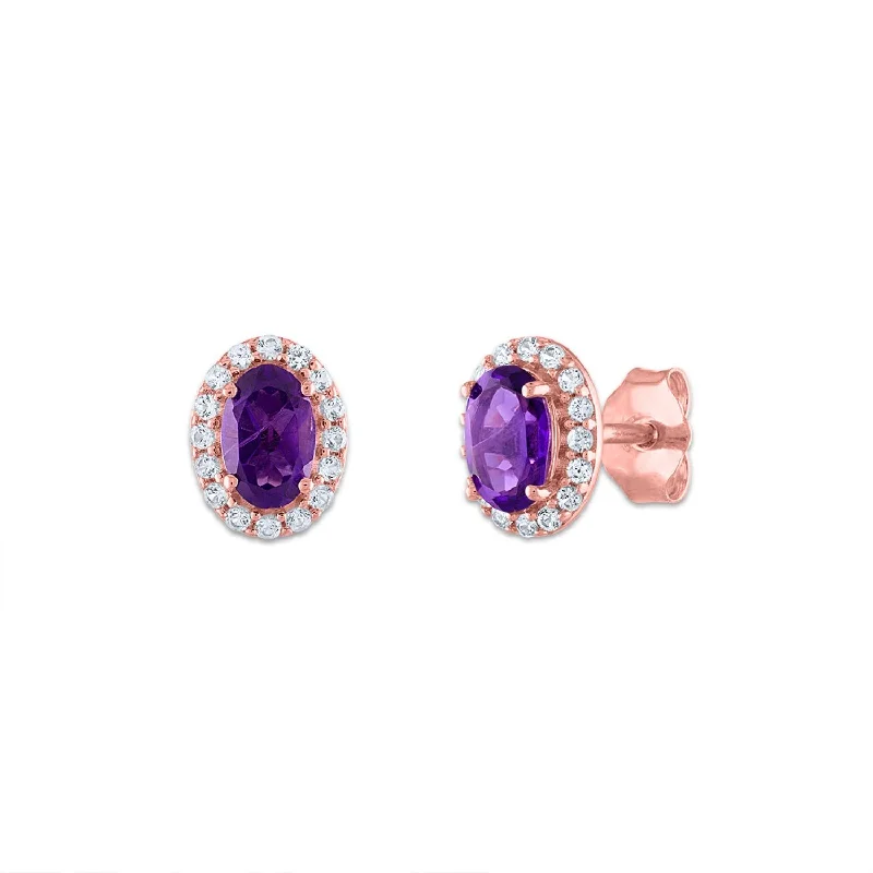 Gold Plated Earrings-6X4MM Oval Amethyst and Sapphire Birthstone Halo Stud Earrings in 10KT Rose Gold