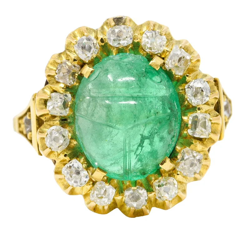 Custom Birthstone Ring-Vintage Egyptian Revival 7.80 CTW Carved Emerald Diamond 18 Karat Yellow Gold Cluster Gemstone Scarab Ring