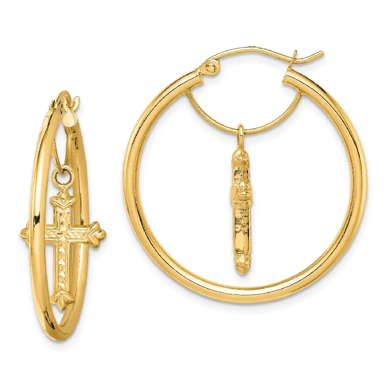 Fine Silver Earrings-14KT Yellow Gold Diamond-cut Cross Hoop Earrings