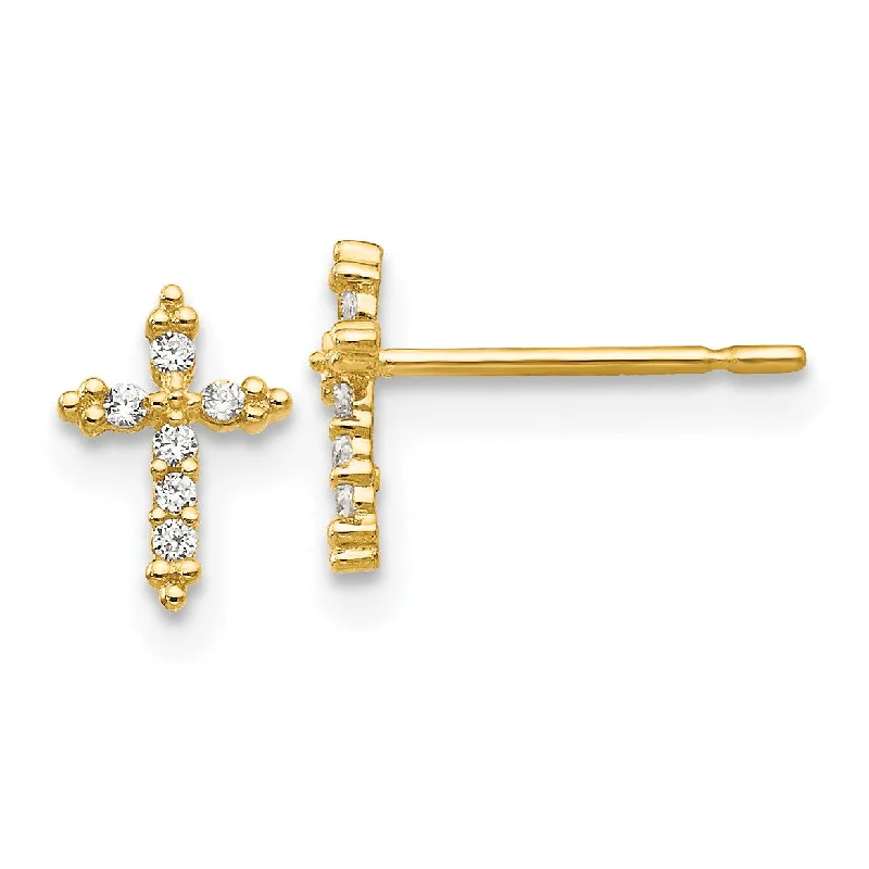 Beaded Earrings for Weddings-14KT Yellow Gold Cubic Zirconia 8X6MM Childrens Cross Stud Earrings